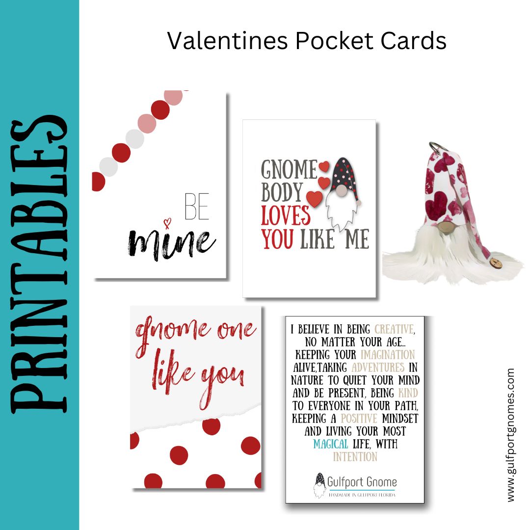 Printable Digital Download-Valentines themed Pocket Cards featuring the Gulfport Gnome