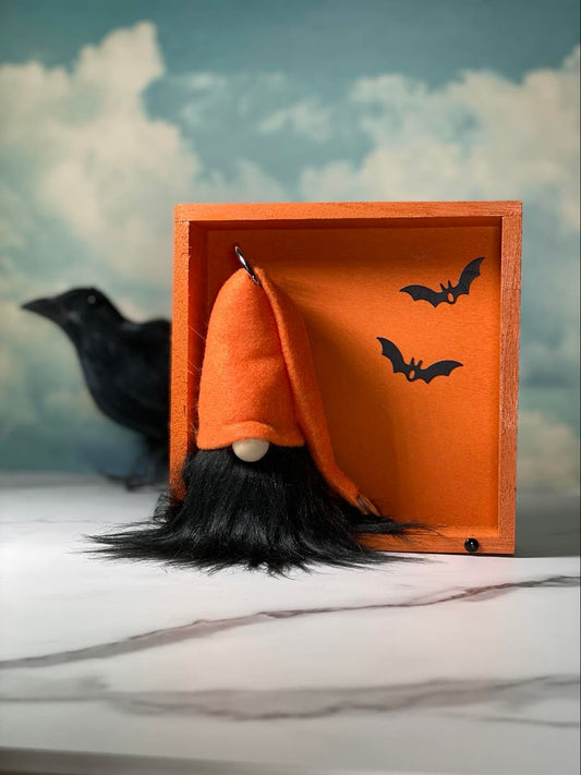 Gift Set - Halloween Orange and Black Gnome and Bat Gift set with Gnome Home - 4" Plush Gnome
