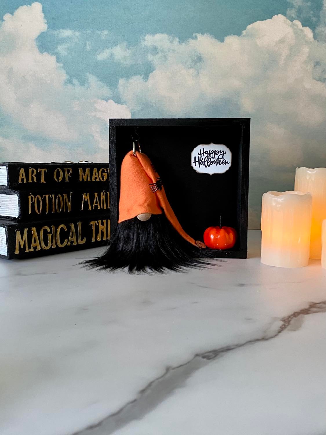 Gift Set - Happy Halloween Orange and Black Gnome and Spiders Gift set with pumpkin and 4" Plush Gnome