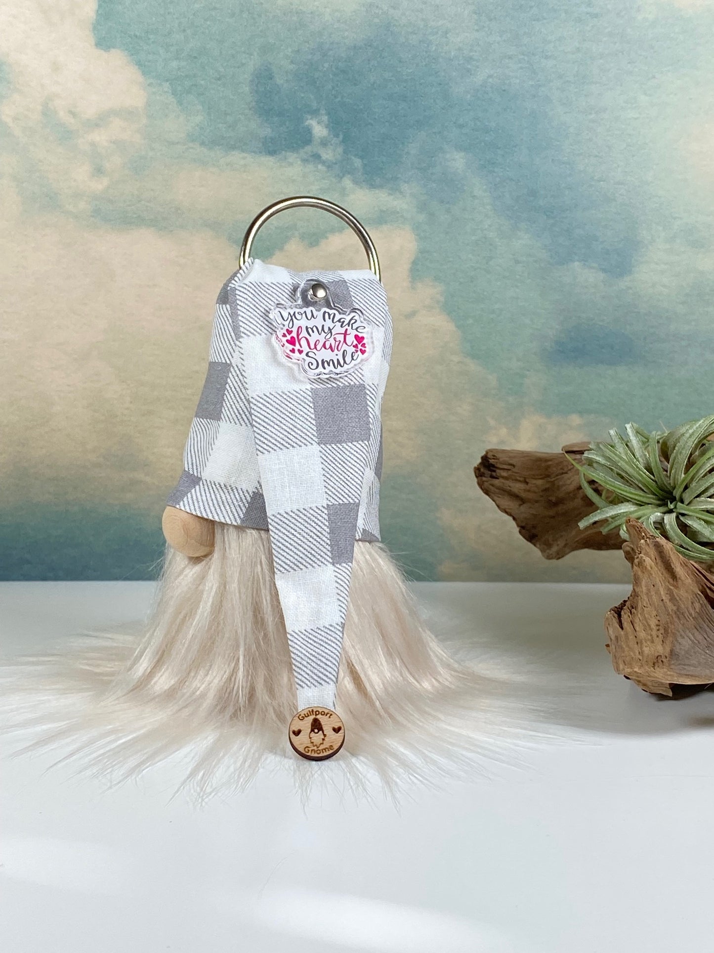 Gulfport Gnome™ - Grey Checkered Heart Smile Collectible Doll Figurine