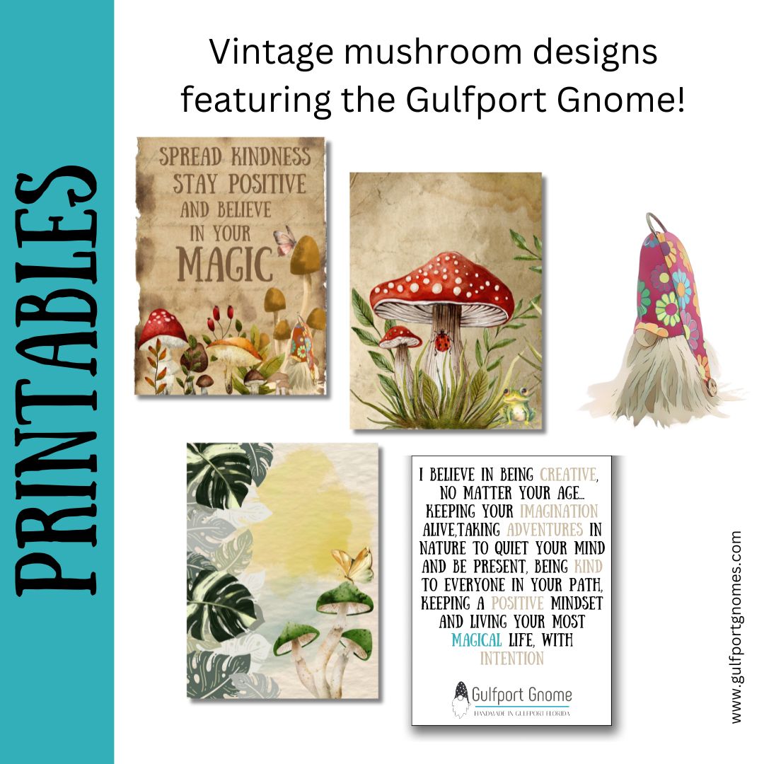 Printable Digital Download-Vintage Mushroom themed Pocket Cards featuring the Gulfport Gnome
