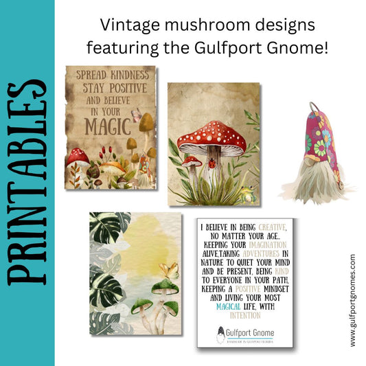 Printable Digital Download-Vintage Mushroom themed Pocket Cards featuring the Gulfport Gnome