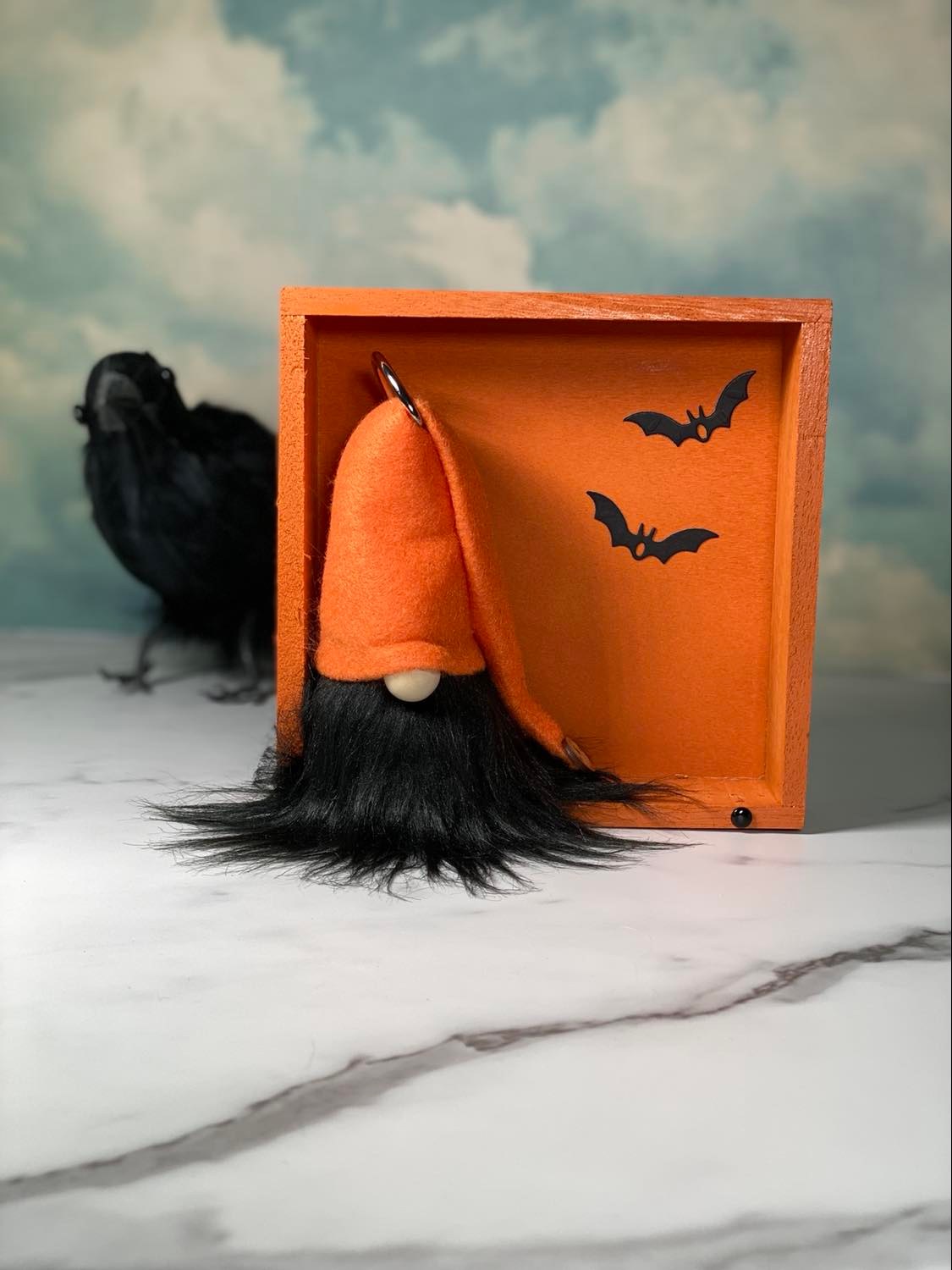 Gift Set - Halloween Orange and Black Gnome and Bat Gift set with Gnome Home - 4" Plush Gnome