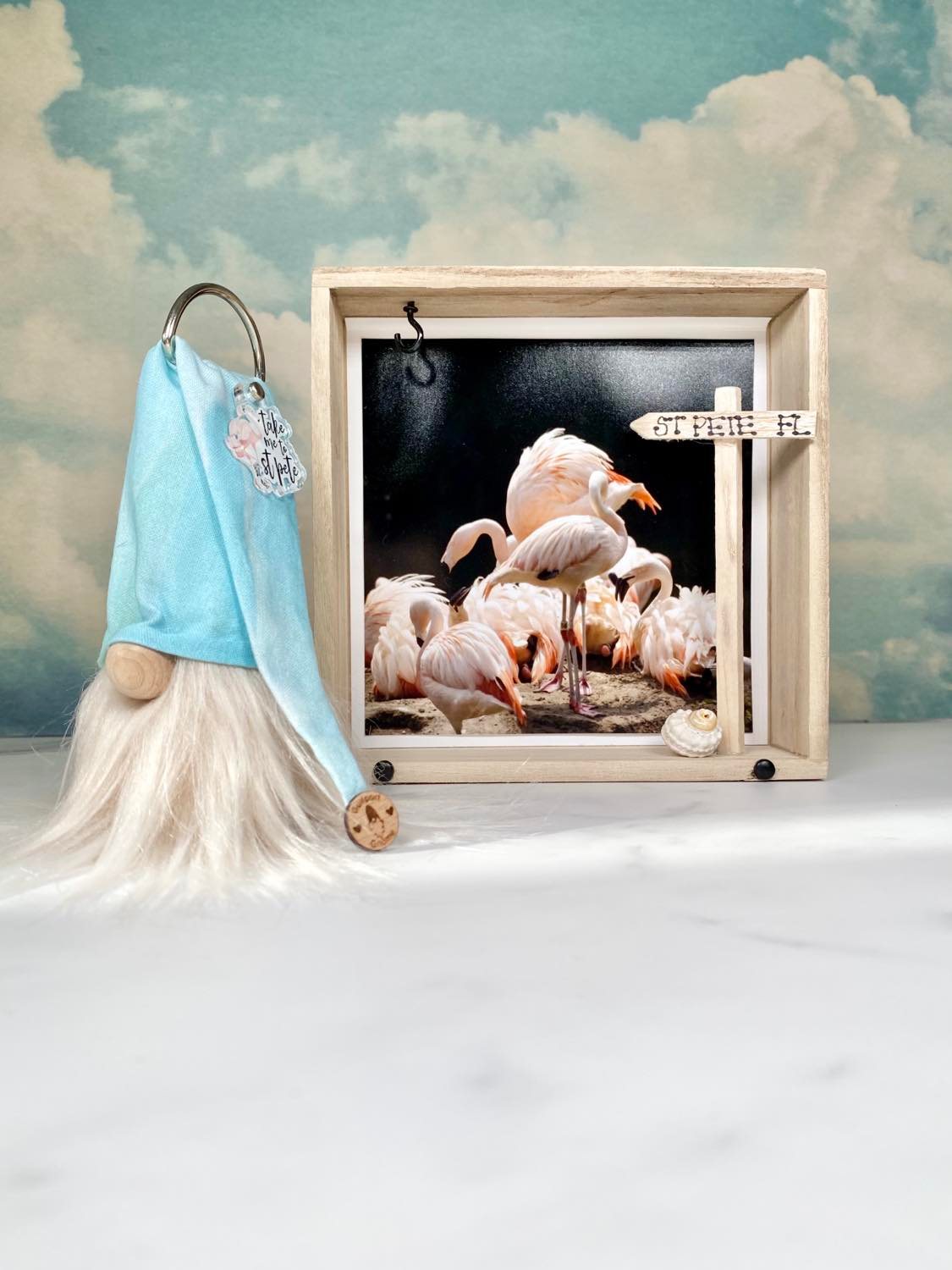 Gift Set - St. Pete Florida Gnome Decor Gift set with Pink Flamingo Photo and 4" Plush Gnome