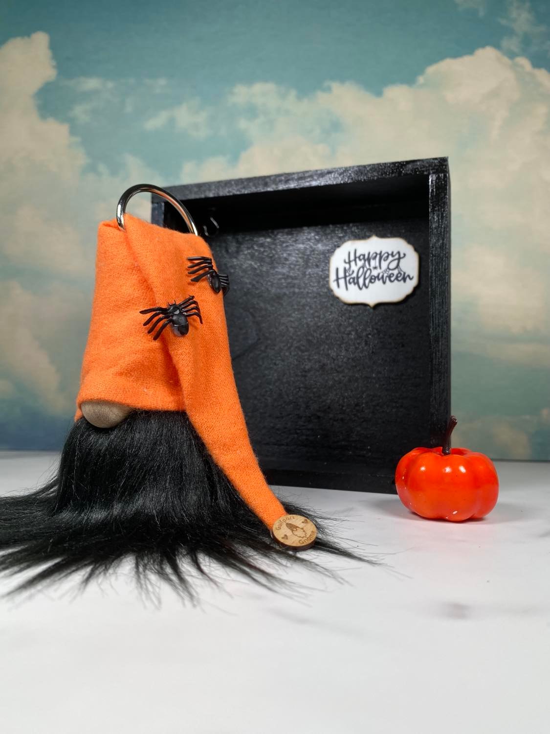 Gift Set - Happy Halloween Orange and Black Gnome and Spiders Gift set with pumpkin and 4" Plush Gnome